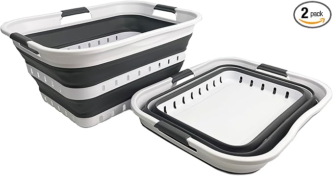 SAMMART 42L (11 gallons) Set of 2 Plastic Foldable Storage Basket/Container - Collapsible, Space Saving and Portable Laundry Hamper, Ideal for Home, Travel, Dorm, and Camping (2, White/Steel Grey)