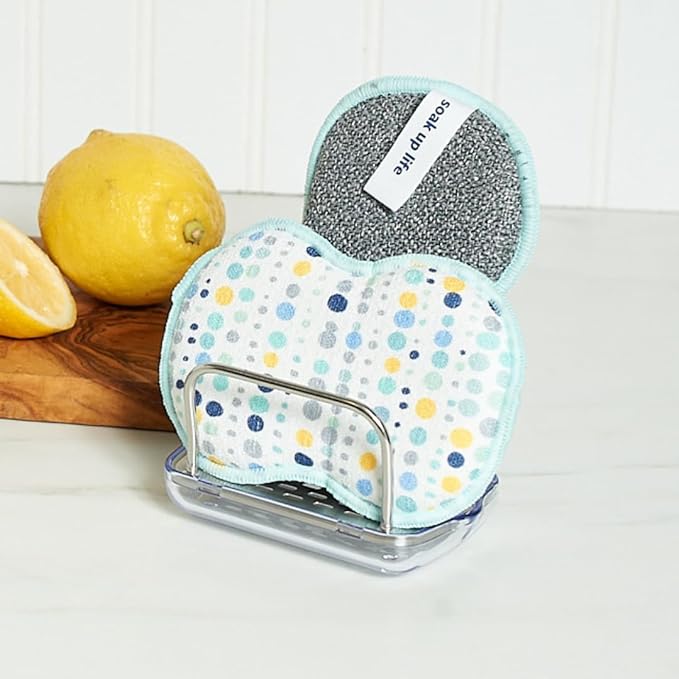 Bright Habits Sponge Set in Dot Blue, 6 Pack Super Absorbent Washable Reusable Cleaning Sponges Made from Recycled Materials, Durable Eco Friendly Kitchen Sponges