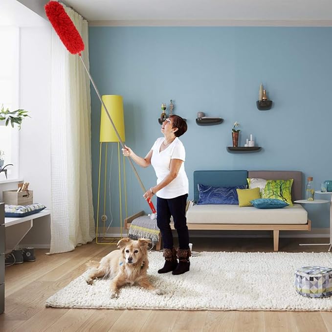 DELUX Microfiber Feather Duster Extendable Cobweb Duster with 100 inches Extra Long Pole, Bendable Head & Scratch-Resistant Hat for Cleaning Ceiling Fan, High Ceiling, Blinds, Furniture & Cars Red