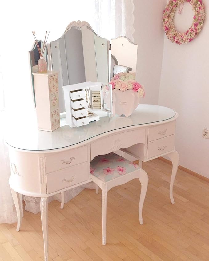 RR ROUND RICH DESIGN Jewelry Box - Made of Solid Wood with 4 Drawers Organizer and Built-in Necklace Carousel and Large Mirror White