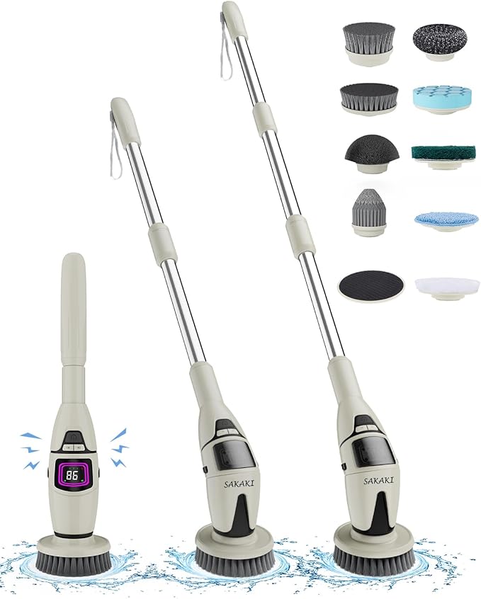 SAKAKI Electric Spin Scrubber Cordless Shower Cleaning Brush with 10 Replaceable Heads Powerful IPX7 Waterproof Bathroom Cleaner 3 Speeds Detachable Long Handle Voice Broadcast for Floor Car Kitchen