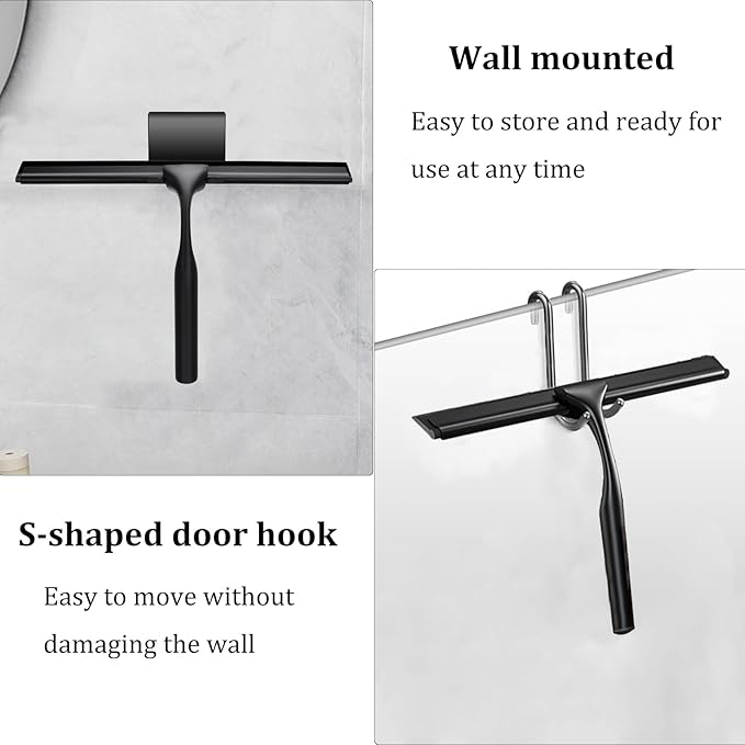 Windran 10-Inch Shower Squeegee for Glass Doors, Stainless Steel Shower Squeegee with Shower Door Hook & Adhesive Hook, Multi-Purpose Bathroom Squeegee for Glass, Door, Mirror and Window (Black)