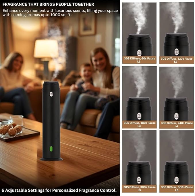 INTENSE OUD Waterless Diffuser – 120ML Essential Oil Diffuser & Aromatherapy Diffuser for Rooms up to 1000 Sq Ft, Ultra-Quiet Scent Air Machine with Remote, Timer & 5 Scent Kit – Matte Black Aluminum