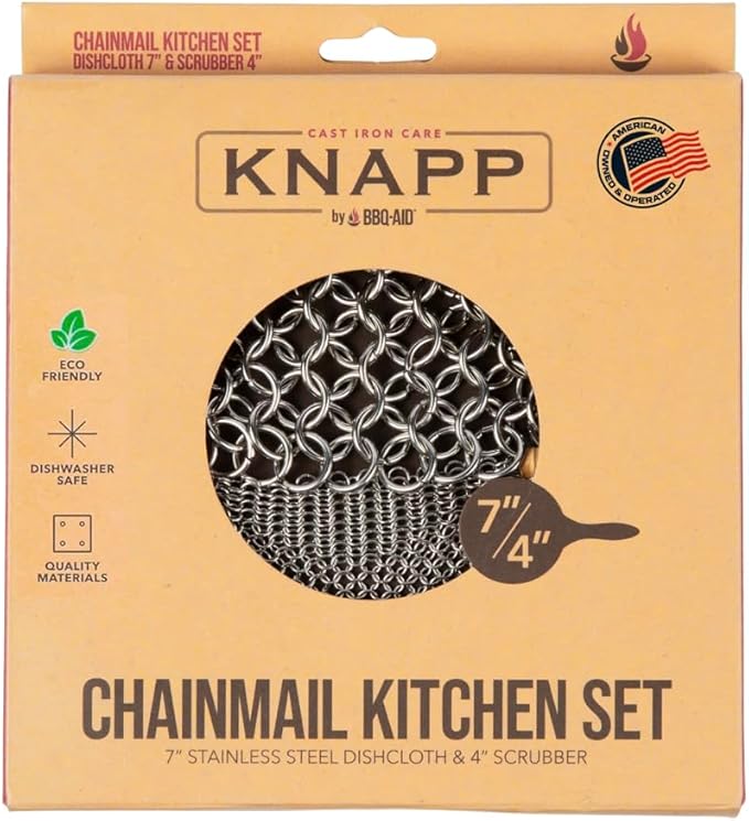 Knapp Made Cast Iron Chainmail Scrubber Kitchen Set - 4" and 7" Sizes. Premium Stainless Steel Cleaner for Your Finest Pots, Pans, and Kitchenware
