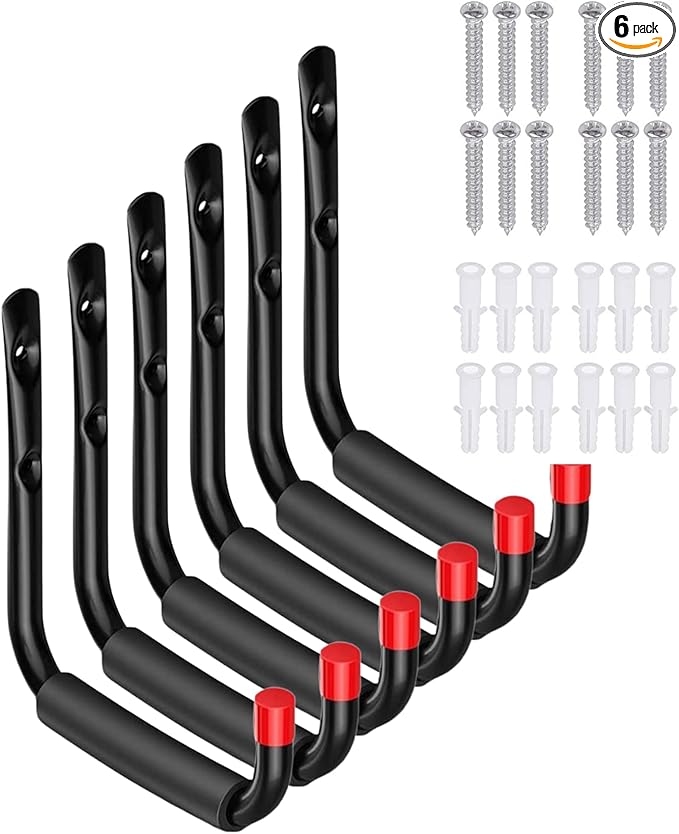 6 Pack Garage Hooks Heavy Duty, Utility Steel Hooks with EVA Foam Padding, 5.51inch Wall Mount J Organizer Hanger for Hanging Bikes Kayak Garden Tool Hose Bike Shelf