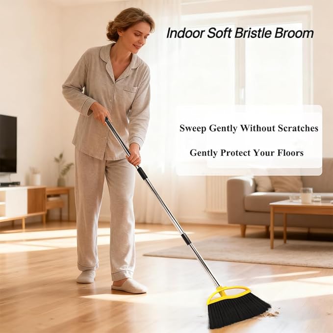 3 Pack Soft Bristle Angle Broom for Floors - Wide Indoor Heavy Duty Broom with 38"-53.5" Adjustable Handle, Kitchen & Restaurant Use for Hardwood, Porch (Gray, Yellow, Green)