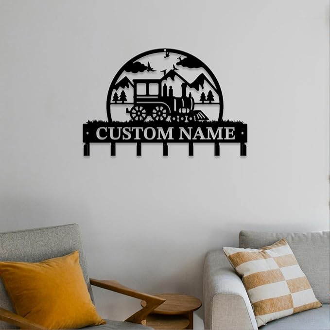 Personalized Train Metal Keys Hooks,Custom Name Metal Train Keys Hooks,Black Metal Train Wall Home Storage Decorative Keys Hooks,Key Holder Hooks for Wall (Style F)