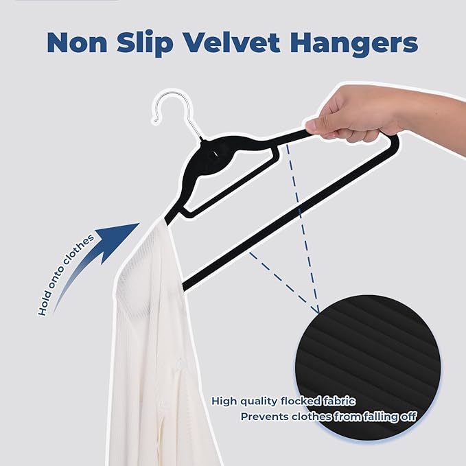 Limogoo Black Velvet Hangers 50 Pack, Felt Covered Non Slip Fabric with Stackable Cascading Hook, Ultra Thin and Space Saving with 360° Swivel Neck, 15Lbs Capacity for Clothes, Suit, Shirt, Coat