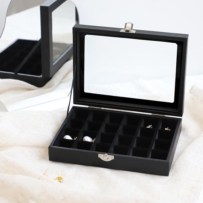 Wudygirl Jewelry Organizer Small Jewelry Box Jewelry Tray with Lid Velvet Earring Organizer Jewelry Earrings Holder Ring Display Storage Ring Box for Women 24 Grid (Black)