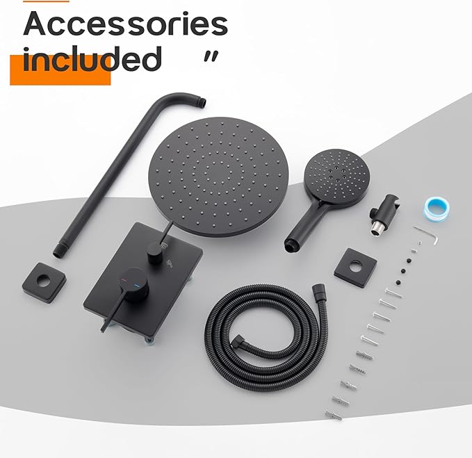 Bathroom Rainfall Shower System Set with 10'' Rain Shower Head, 3-Setting Handheld Spray, Valve Included Wall Mounted Matte Black SF001MB-D10