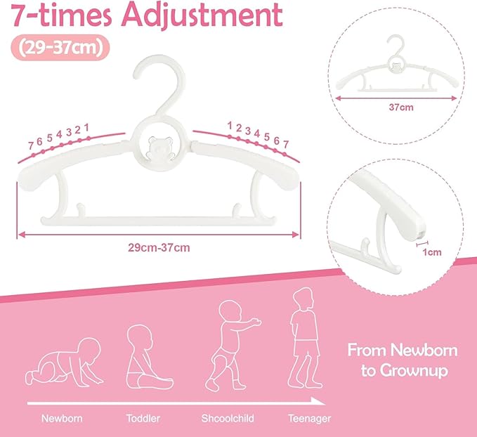 HGYZE Baby Hangers for Closet 20pcs, White Kids Clothes Hanger Plastic, 11-14" Adjustable Bulk Perchas for Newborn, Non-Slip Children Outfit Bear Hanger for Girl Boy Toddler Infant Nursery Clothing