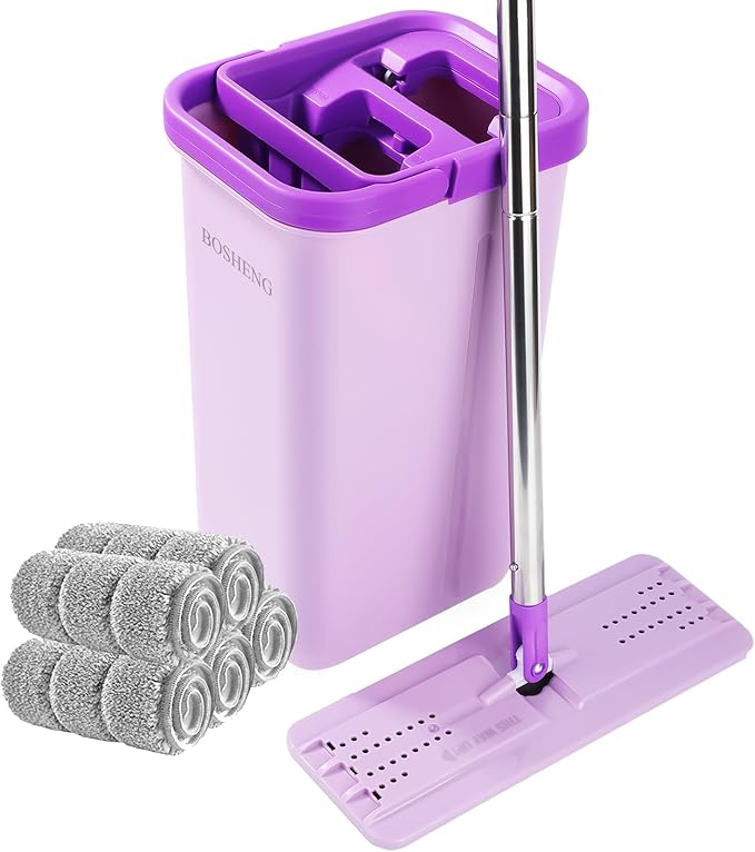 BOSHENG Mop and Bucket with Wringer Set, Hands Free Flat Floor Mop and Bucket, 5 Washable Microfiber Pads Included, Wet and Dry Use, Home Floor Cleaning System for All Floor Types and Windows,Purple