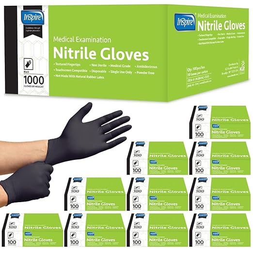 Inspire Case of 1000 Nitrile Gloves | THE ORIGINAL Quality Black Disposable Glove Latex Free | 4.5 Medical Cooking Cleaning Mechanic (Black Size Medium)