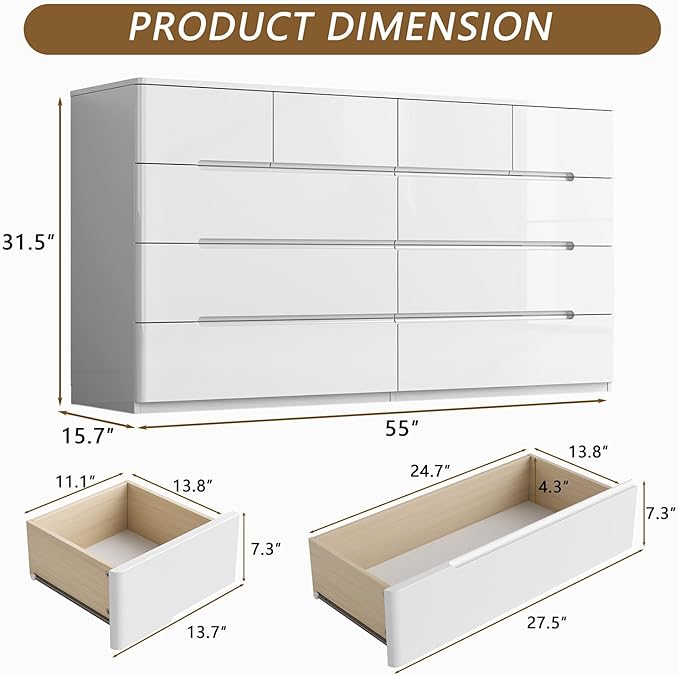 10 Drawer White Dresser for Bedroom, 55" Long Dresser Chest of Drawers, Large High Gloss Modern Storage Cabinet with Big Drawers Handle Free, Living Room, Entryway, Hallway