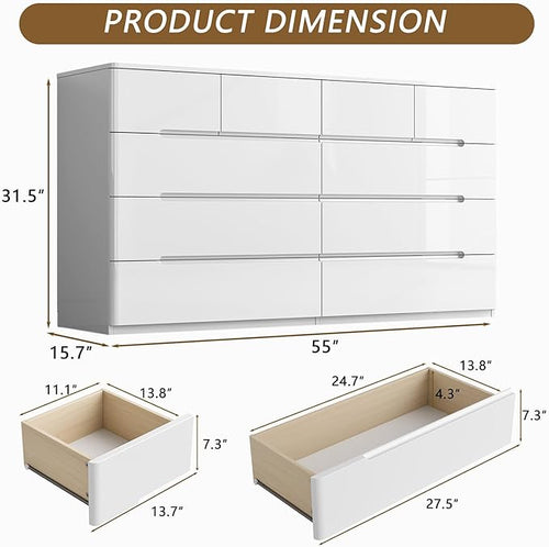 10 Drawer White Dresser for Bedroom, 55" Long Dresser Chest of Drawers, Large High Gloss Modern Storage Cabinet with Big Drawers Handle Free, Living Room, Entryway, Hallway