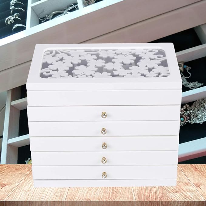Jewelry Storage Organizer, 6 Layers with 5 Drawers Large Jewelry Organizer Wooden Storage Box Case for Woman (White)