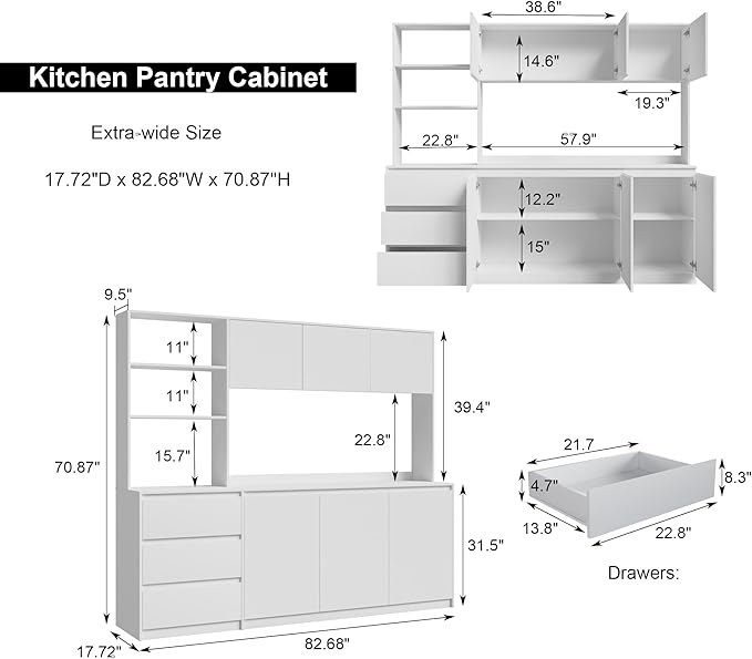Extra Large Kitchen Pantry with Microwave Shelf, Kitchen Hutch Storage Cabinet with Countertop, Freestanding Countertop Cabinet with 3 Drawers and 3 Open Shelves, White
