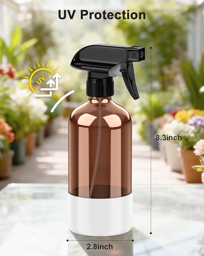 Bontip Amber Glass Spray Bottle with Silicone Sleeve Protection, 16 oz Refillable Spray Bottle for Cleaning Solutions, Plants, Aromatherapy, Facial Hydration (White Sleeve(Amber Bottle)