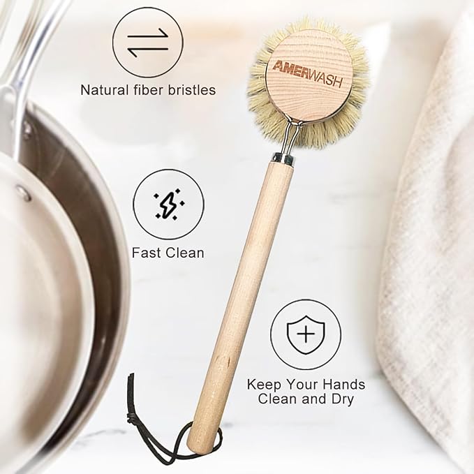 AMERWASH PLUS Dish Brush with Wooden Handle, Natural Kitchen Brush for Dishes Vegetable, Pots and Pans, Tampico Fiber Bristles Scrubber, Extra 3 Pack Replacement Head Included