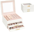Jewelry Storage Box with Glasses Lid, 3-Tiers Jewelry Organizer Box for Women Girls, Jewelry Case for Rings, Bracelets Earrings, Necklaces (White)