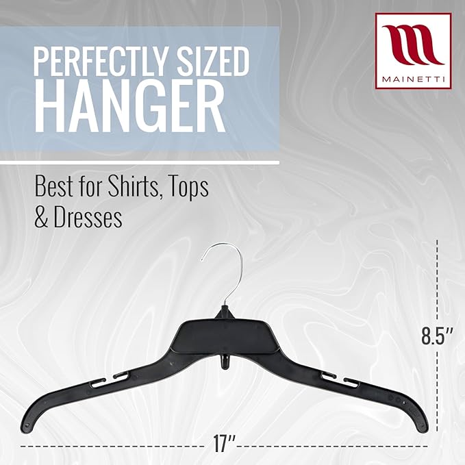 Mainetti 484 Recycled Black Plastic Hangers - 100 Pack with Rotating Metal Hook and Notches for Straps, Great for Shirts/Tops/Dresses, 17-Inch