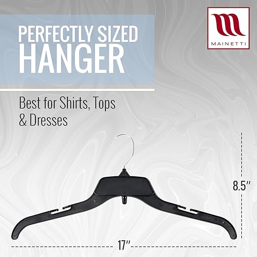 Mainetti 484 Black Plastic Hangers - 100 Pack with Rotating Metal Hook and Notches for Straps, Great for Shirts/Tops/Dresses, 17-Inch