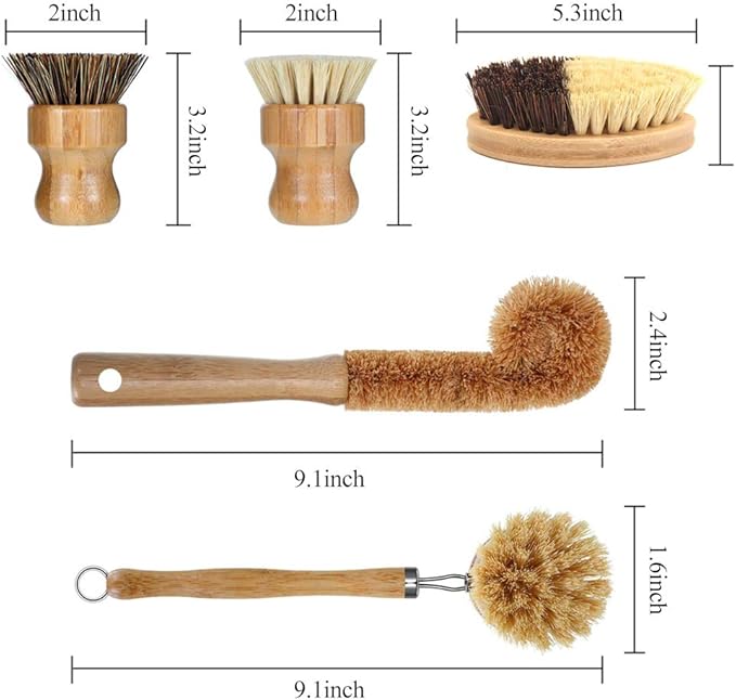 Vankcp 5 Pack Natural Bamboo Cleaning Brush Set, Pot Dish Scrub Brush with Handle and Flannel Bag Kitchen Brushes for Cast Iron Pots, Pans, Vegetable and Kitchen Cleaning