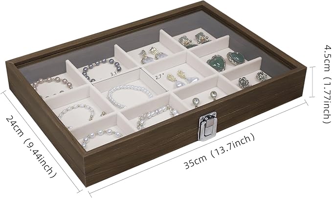 Wudygirl 12 Grid Jewelry Tray Wooden Jewelry Organizer with Clear Lid Vintage Jewelry Box Jewelry Display Case for Women Bracelet Earring Holder Organizer（12 Grid）
