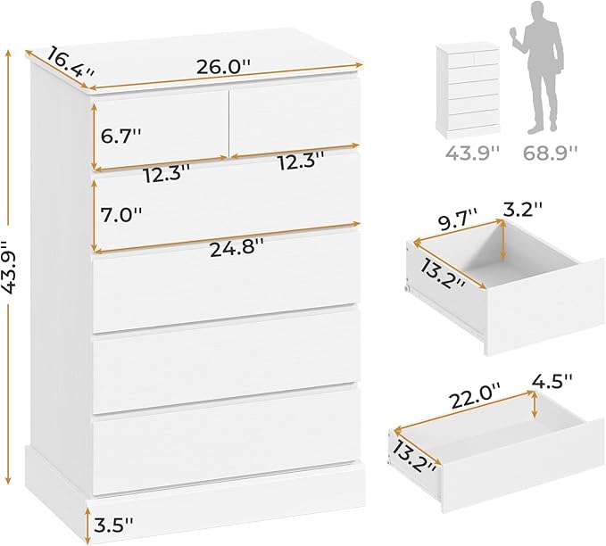 Hasuit 6 Drawer Dresser for Bedroom, Tall Chest of Drawers Storage Organizer for Closet, Modern Clothes Storage Tower with Ample Storage Space, White
