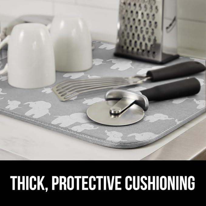 GORILLA GRIP Ultra Water Absorbent Microfiber Dish Drying Mat, 18x32, Quick Dry Thick Mesh, Slip Resistant Pad for Sink Dishes or Under Rack, Kitchen Counter Accessories, Machine Wash Mats, Elephants