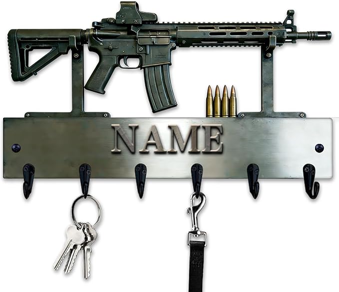 Custom 2D Flat Print Gun Bullet Themed Wall Hook for Men Husband Grandpa Dad Personalized Name Bullet Gun Equipment Wall Mounted Key Rack Firearm Themed Coat Holder for Bedroom Man Cave Carage Kitchen