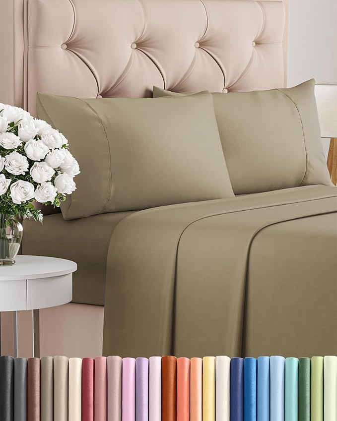 Twin 4 Piece Sheet Set - Comfy Breathable & Cooling - Ultra Soft Hotel Luxury Bedding Set with 8-16 Inch Deep Pockets - 1 Flat & 1 Fitted Sheet & 2 Pillowcases - Cozy, Wrinkle Free & Easy Care - Khaki