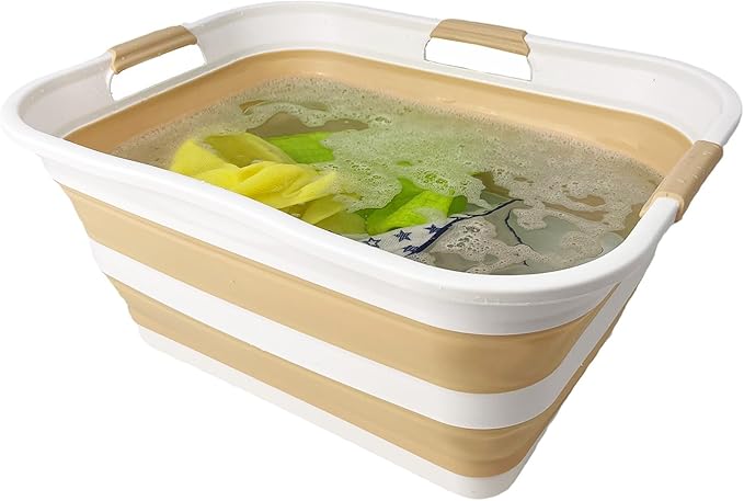SAMMART 42 (11 Gallons) Collapsible Plastic Laundry Basket, Foldable Pop Up Storage Container/Organizer, Space Saving Hamper, Portable Bin for Dorm Room Bathroom (2, White/Beige)