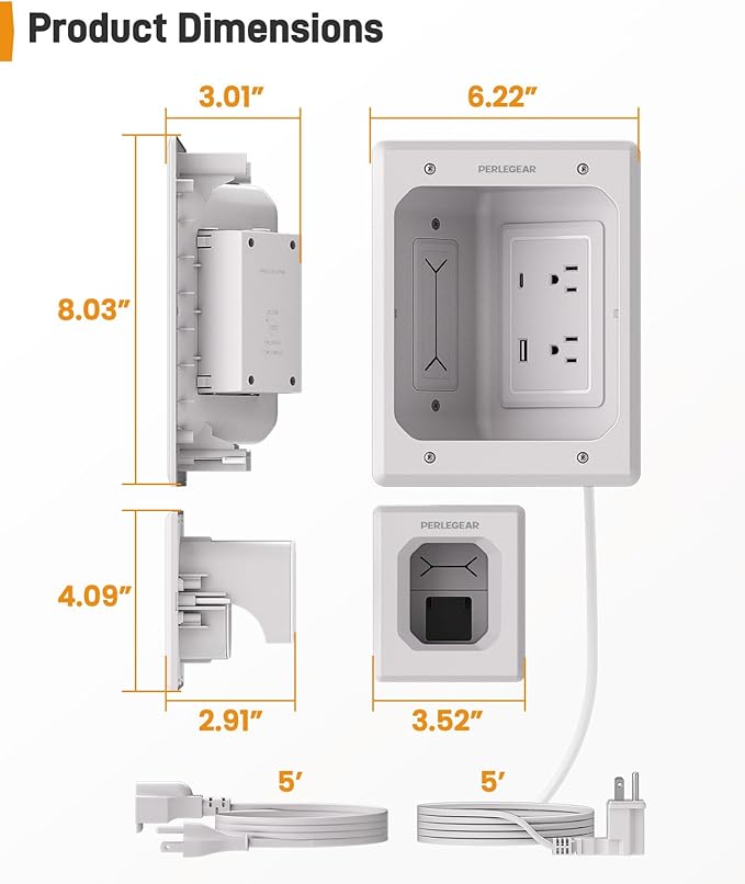 Perlegear TV in-Wall Cable Management Kit, USB and Typ C Ports Cord Hider for Wall Mount TV with Recessed Power, Includes Drill Templates, Dust Bags, Drywall Saw, Extension Cable