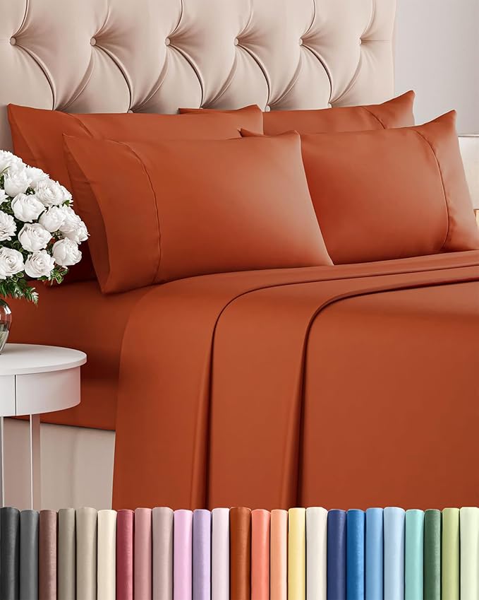 Full 6 Piece Sheet Set - Comfy Breathable & Cooling - Ultra-Soft Hotel Luxury Bedding Set with 8-16 Inch Deep Pockets - 1 Flat & 1 Fitted Sheet & 4 Pillowcases - Wrinkle Free & Easy Care - Terracotta