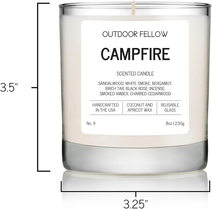 Outdoor Fellow Campfire Scented Candle, 8oz, Coconut & Apricot Wax Blend, Sandalwood, Smoked Amber, Charred Cedarwood, Reusable Glass, 40-50 Hour Burn Time