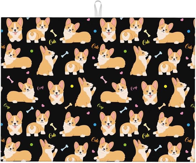 Cute Corgi Dish Drying Mat 18 x 24 Inch for Kitchen Counter Cute Kitchen Mat Microfiber Kitchen Countertop Absorbent Reversible Drainer Rack Pad Dog Dish Drying Mat