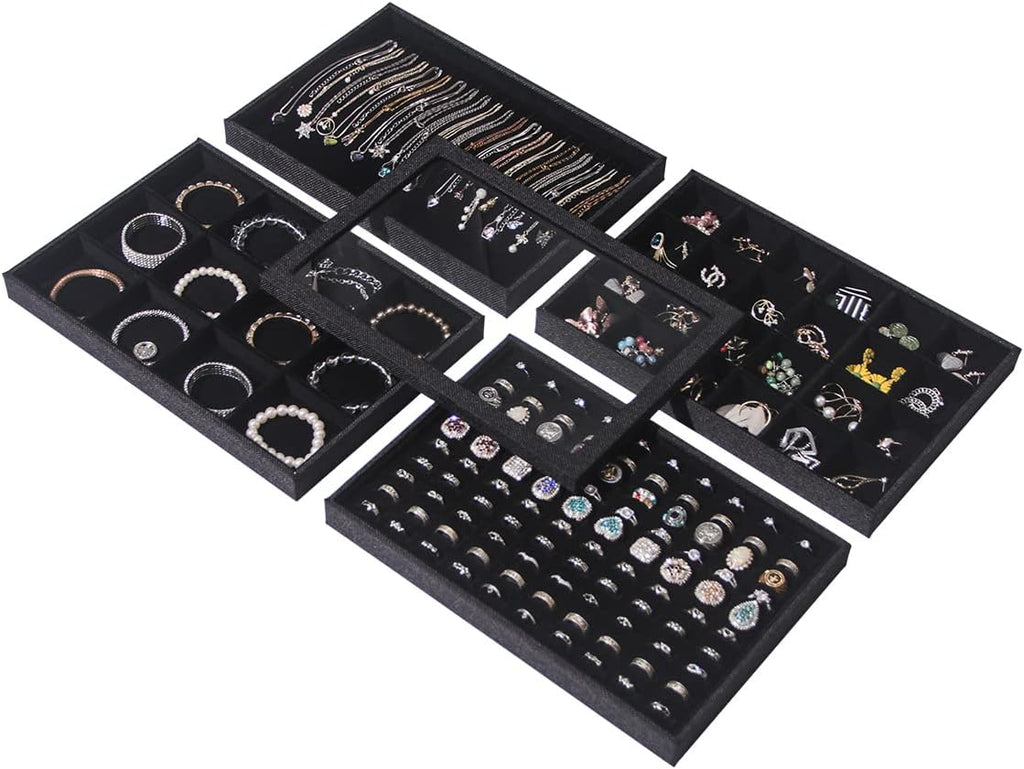 Julysky 5 Pcs/set Stackable Jewelry Organizer Trays with Glass Lid,100 Slots Ring Holder,Bracelet Displays Stand for Selling Necklace Earring Rack