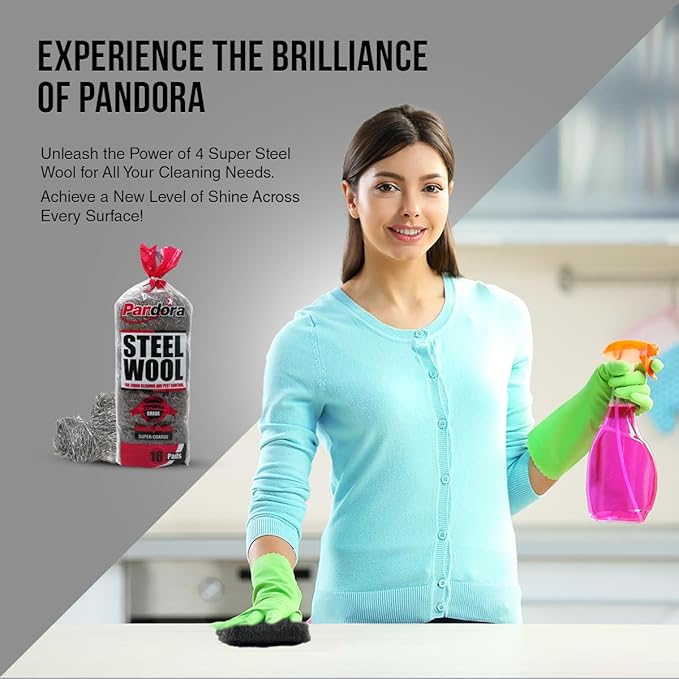 Pandora Steel Wool #4 – Extra Coarse Grade, 240 Pads for Tough Cleaning - Metal Strands - Ideal for Removing Stubborn Paint, Rust, Dirt, and Varnish