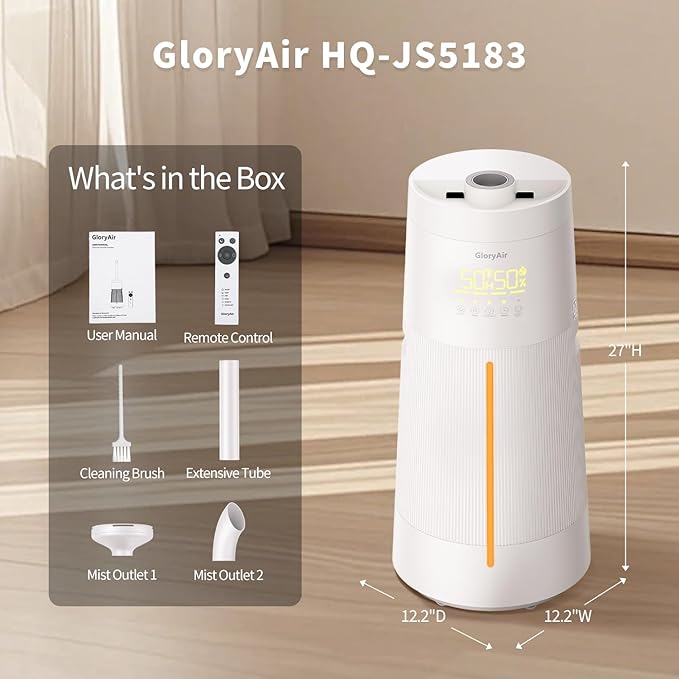 Humidifier Large Room - GloryAir 6.3Gal/24L 4X Atomizers Top Fill Whose House Large Cool Mist Quite Humidifiers 1500mL/h for Home Bedroom 3000 ft² with Auto Mode for Commercial Office Plants