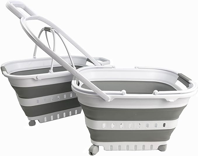 SAMMART 35L (9.24 Gallons) Collapsible Plastic Laundry Basket with Handle and Wheels - Foldable Pop Up Storage Container/Organizer with handle and wheels - Space Saving (2, White/Grey)