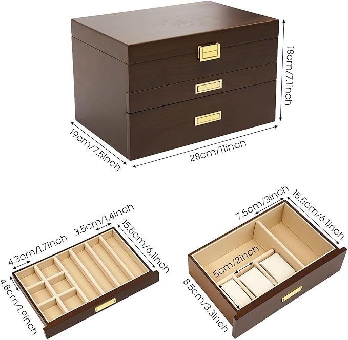 LOYALHEARTDY 3 Layers Wooden Jewelry Box Drawer, Large Jewelry Box Organizer for Women for Ring Necklace Earring Bracelet Organizer Storage Display Box (Black Walnut)