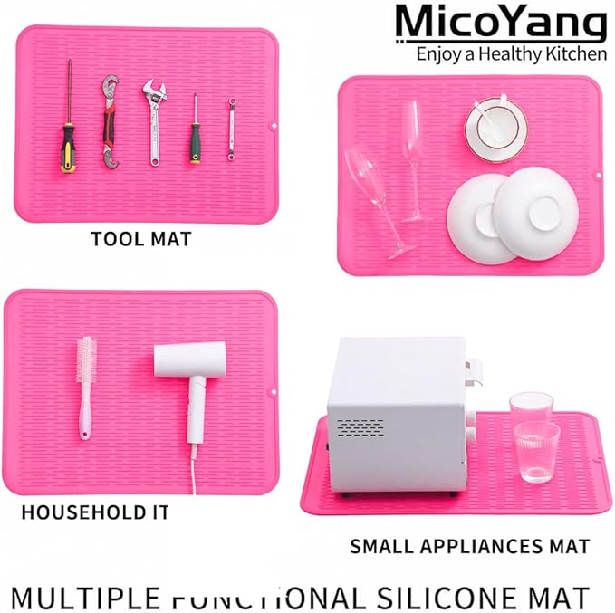 MicoYang Silicone Dish Drying Mat for Multiple Usage,Easy clean,Eco-friendly,Heat-resistant Silicone Mat for Kitchen Counter or Sink,Refrigerator or Drawer Liner Rose 2XL 24 inches x 18 inches