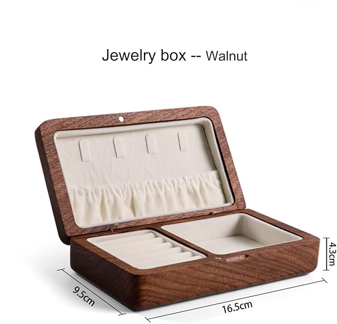 Jewelry Box Ladies Retro Travel Portable Mini Simple Solid Wood Wooden Small Jewelry Organize Storage Display Box (Walnut)