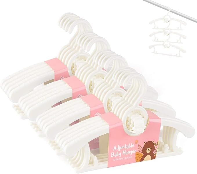 HGYZE Baby Hangers for Closet 20pcs, White Kids Clothes Hanger Plastic, 11-14" Adjustable Bulk Perchas for Newborn, Non-Slip Children Outfit Bear Hanger for Girl Boy Toddler Infant Nursery Clothing