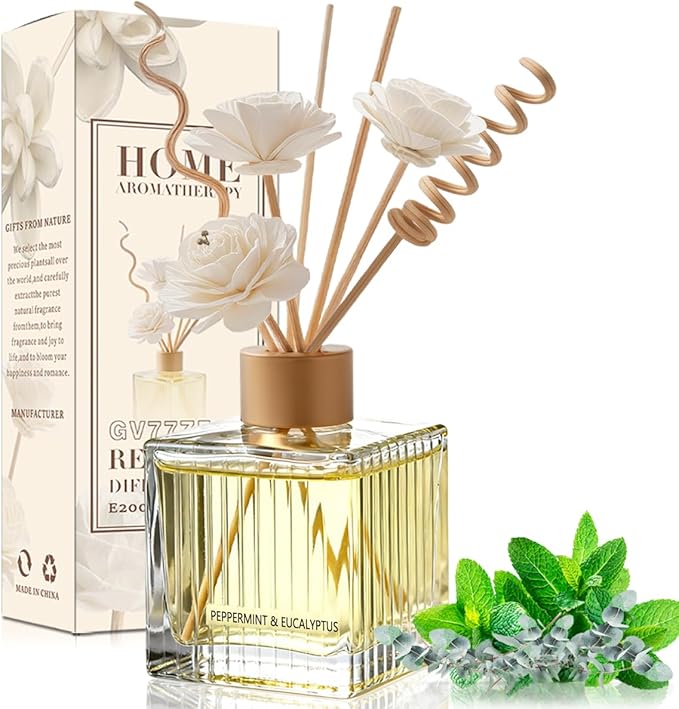 Peppermint & Eucalyptus Reed Diffuser Set-6.7 oz Glass Bottle with 4 Rattan Sticks,3 Dried Flowers,Adjustable,Long-Lasting Scent for Home,Bedroom,Living Room,Office,Bathroom,Aromatherapy Gift Set