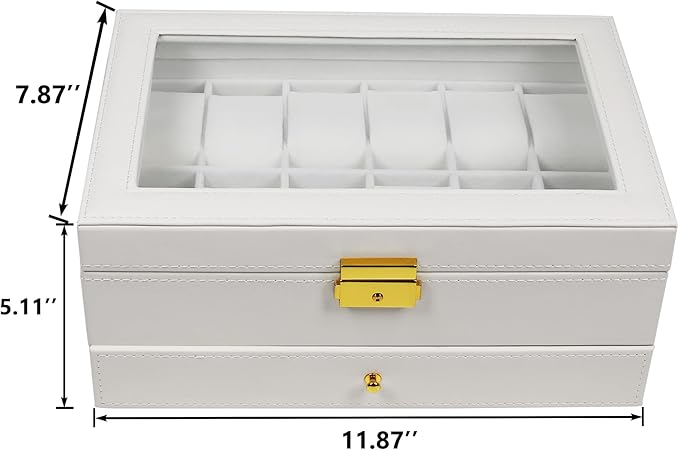 Ogrmar 12 Slot PU Leather Lockable Watch Storage Boxes, Men & Women Jewelry Display Drawer Case, 2-tier Organizer Watch Showcase with Glass Lid (White)