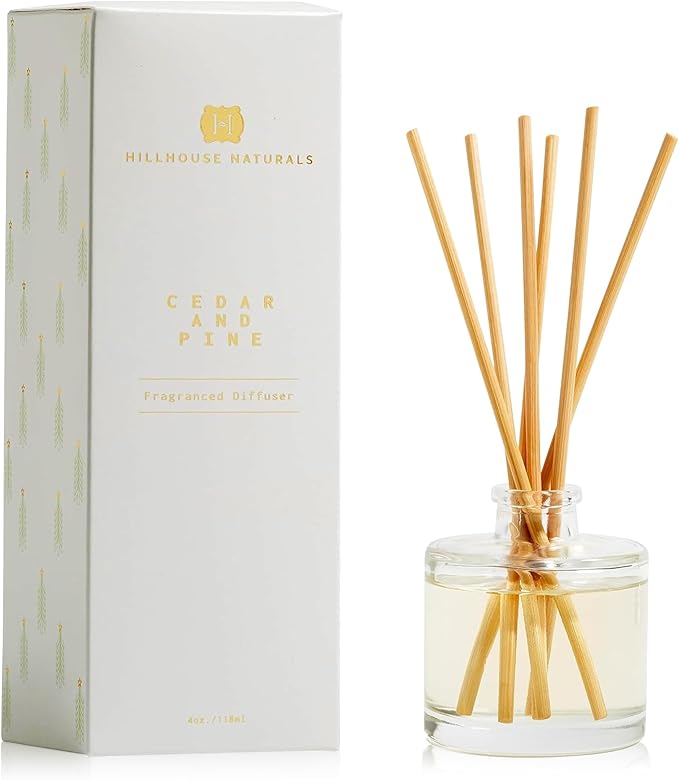 Hillhouse Naturals Reed Diffuser Set - Cedar & Pine Scent Diffuser - Reed Diffusers for Home with Long Lasting Fragrance – 4 oz Oil – Diffuse Time 4-6 Months – Made in The USA