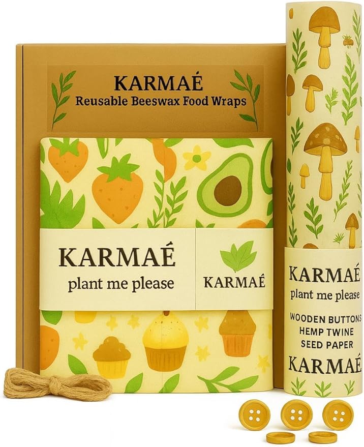 KARMAÉ Reusable Beeswax Food Wraps – 3 Pack & Roll (16.9"-39") | Sustainable Eco-Friendly Wraps for Food Storage | Natural Beeswax Wraps with Seed Paper, Twine & Gift Packaging.