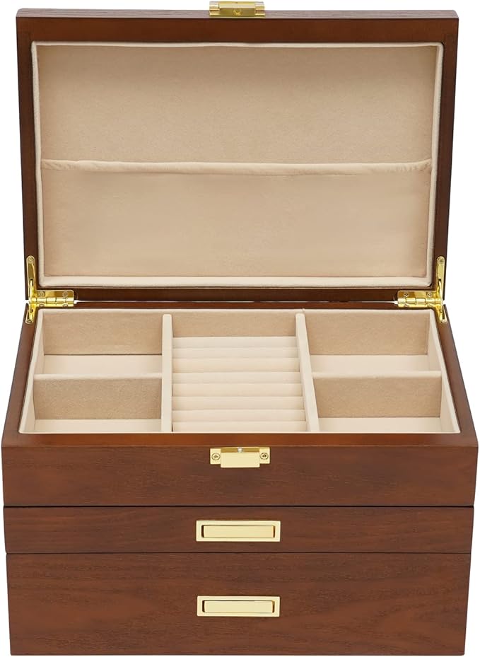 Wooden Jewelry Box for Women, 3 Layers Large Wooden Jewelry Organizer Box Watches Necklace Ring Storage Box for Women (Brown 3 Layer)